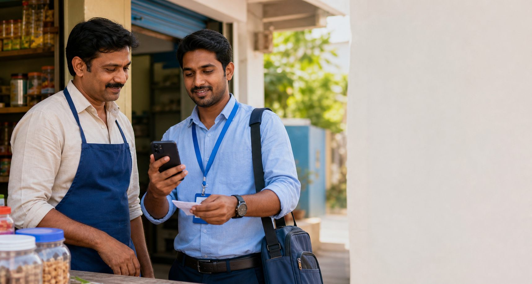 Field representative recording a customer visit on a mobile phone