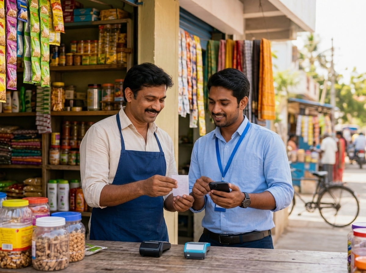 Field representative recording a customer visit on the HRSaathi app
