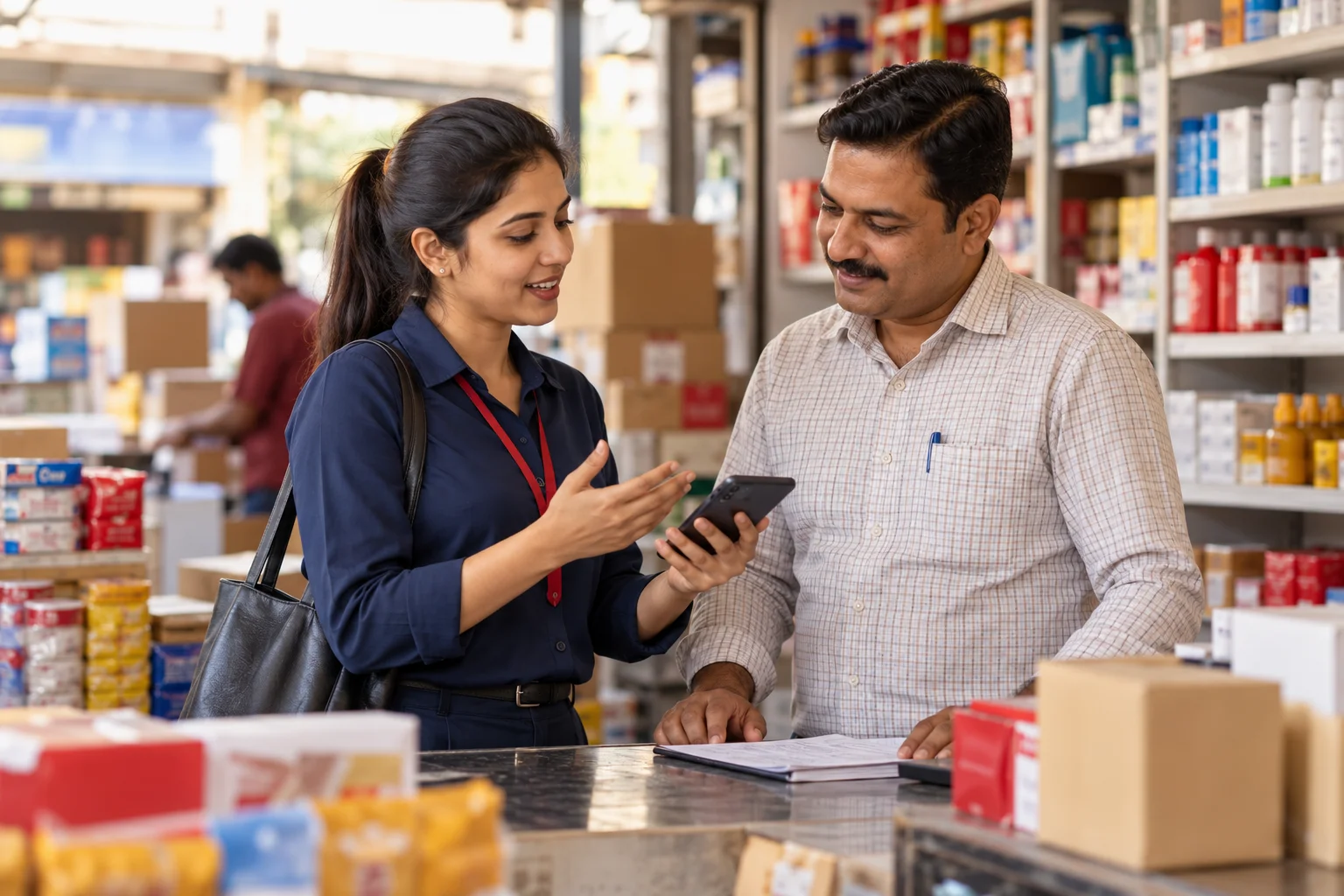 Field sales representative recording a visit with a pharmacy and distribution store manager